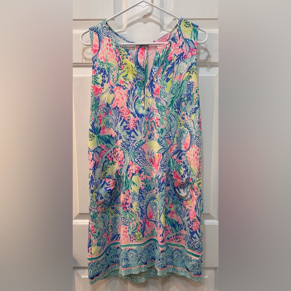 Lilly Pulitzer Kelby Shift Dress Mermaid Cove Print Sz 10 Stretch Resort